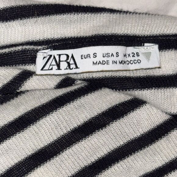 Zara Ribbed Stretch Knit Off-Shoulder Striped Top Shirt Cream/Black - Picture 6 of 11